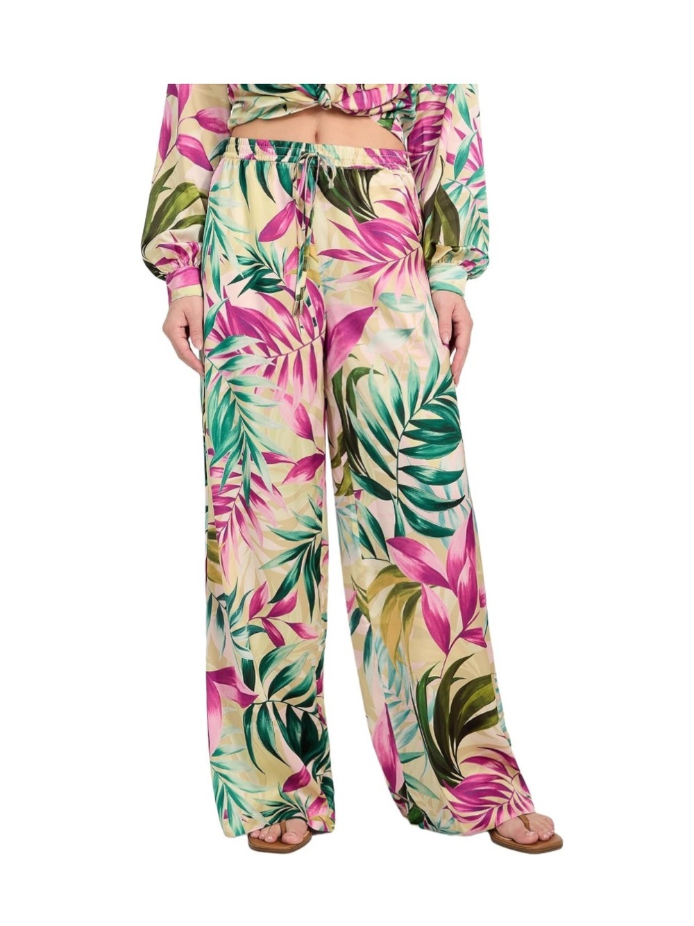 GUESS Women's Wide Leg Tropical Escape Palm Palazzo Pant Large
